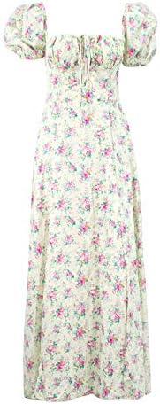 Women's Explosions in Summer Fashion Bubble Sleeve Floral lace-up high Slit Long Skirt Women's Dress in Summer Black