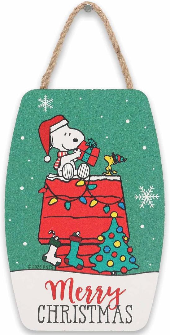Peanuts Snoopy and Woodstock Merry Christmas Hanging Wood Wall Decor - Fun Snoopy Christmas Decoration for Home (Green)