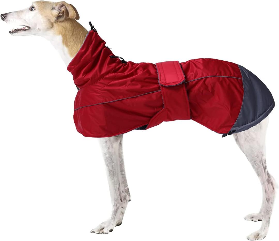 Greyhound Lurcher Winter Coat, Whippet Jacket with Padded Fleece, Waterproof Dog Snowsuit with Adjustable Bands and High Reflective be Safety - Red - XSmall (X-Small(Length: 18"-19.5"in))