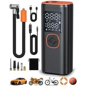 Tire Inflator Portable Air Compressor, 160PSI Fast Inflation Air Pump For Car Tires with Digital Pressure Gauge, LED Light and Auto Shut-Off Portable Air Pump for Car, Motorcycle, Bike (Black/Orange)
