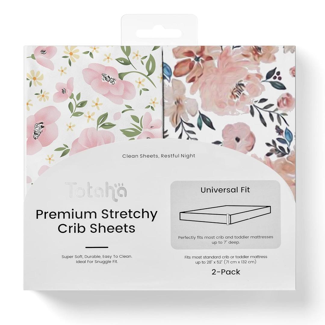 TotAha Premium Stretchy Crib Sheets (2-Pack)-Hypoallergenic, Silky Comfort, Buttery Soft, Calming Effect, All-Season Jersey-Knit Sheets, 9'' Extra Deep Pocket(Meredith Allover Floral & Pale Pink)