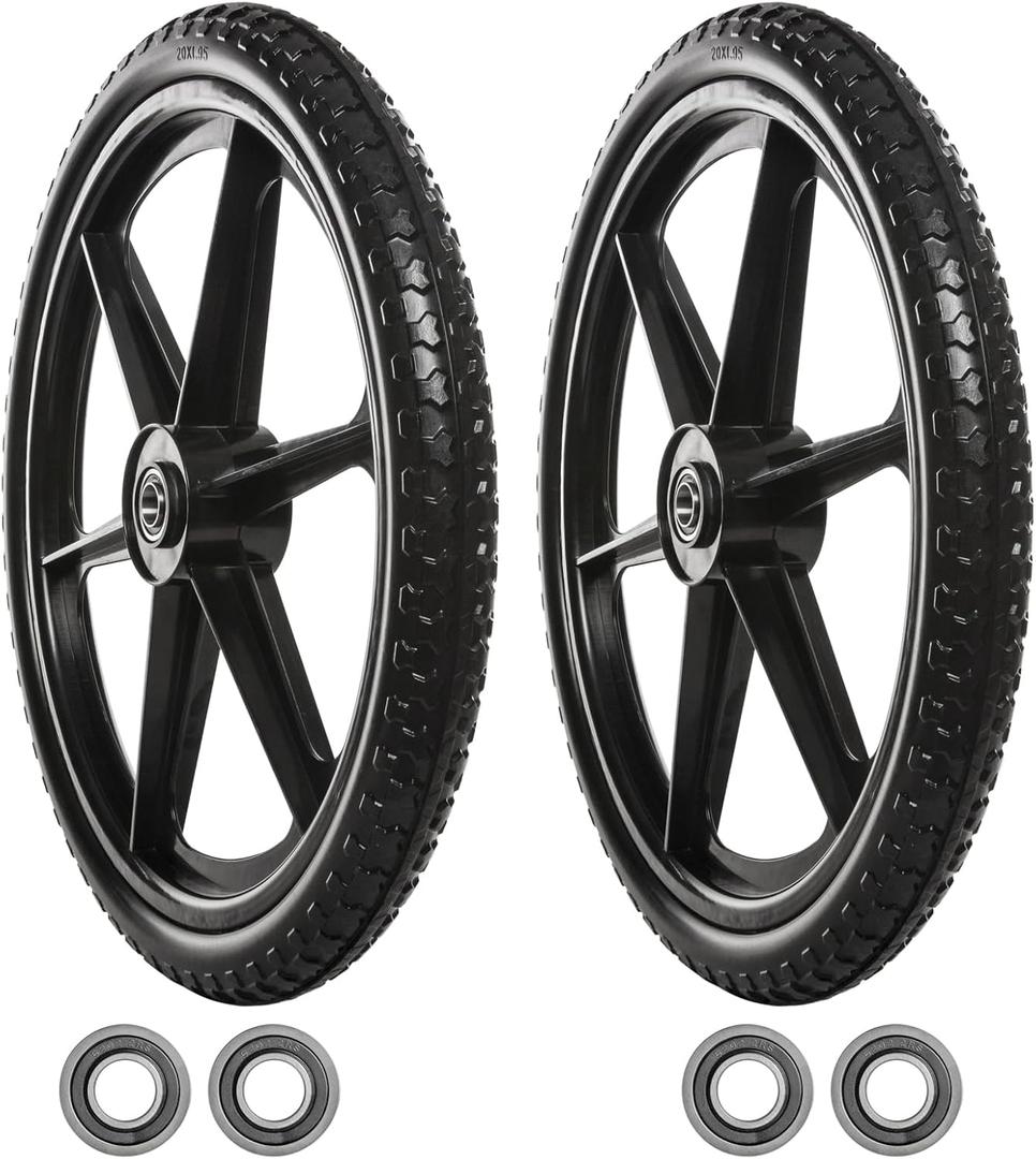 2 PCS 20" PU Flat Free Tire with 3/4'' and 5/8'' Bearings, Non-inflated Tires and Wheels, 20x2 Inch Wheel for Wheelbarrow, Carts, Garden Trailers, 1.95 Tire Width