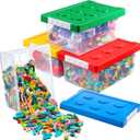 Vicenpal 4 Pack Toy Storage Containers with Lids Brick Shaped Kids Toy Organizer Box Plastic Clear Stackable Bin Chest for Building Block Dolls(Large,Red, Yellow, Blue, Green)