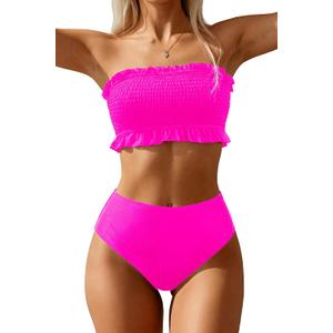 Tempt Me Women Bandeau High Waisted Bikini Sets Smocked Swimsuit Strapless Two Piece Bathing Suit,Medium Size