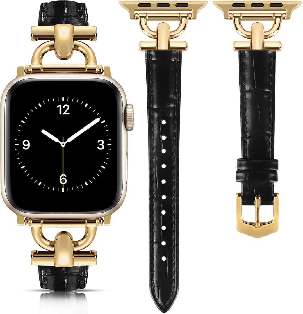 Leather Band Compatible with Apple Watch Bands for Women, Dressy Fancy Strap for iWatch Series 10/9/8/7/6/5/4/3/2/1/se/Ultra/Ultra 2(49mm 46mm 45mm 44mm 42mm,Black/Gold) 