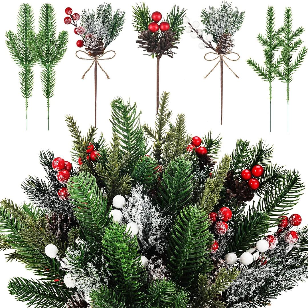 60 Pcs Christmas Artificial Green Pine Needles, Christmas Floral Picks Artificial Holly Red Berry Twig Stem Pine Snowy Cone Branches Garland Bulk for Xmas Tree Craft Holiday Winter (Elegant Style)