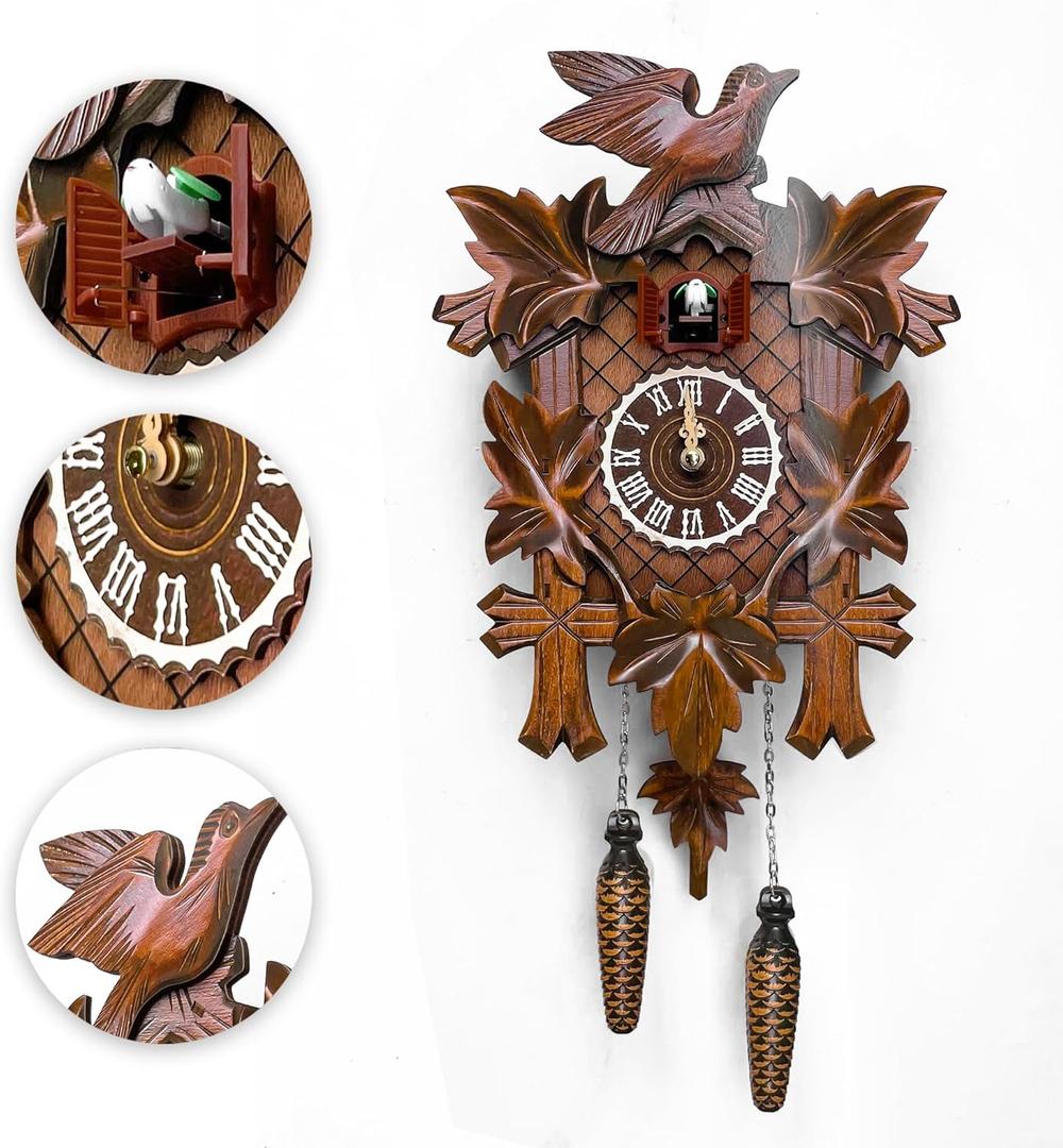 STRONGBERRY Cuckoo Clock Wall Mounted, Handcrafted Wooden Vintage with Silent Pendulum Movement & Bird Chime Sound, Classic Decorative Clock (18.11 x 9.8 Inch)