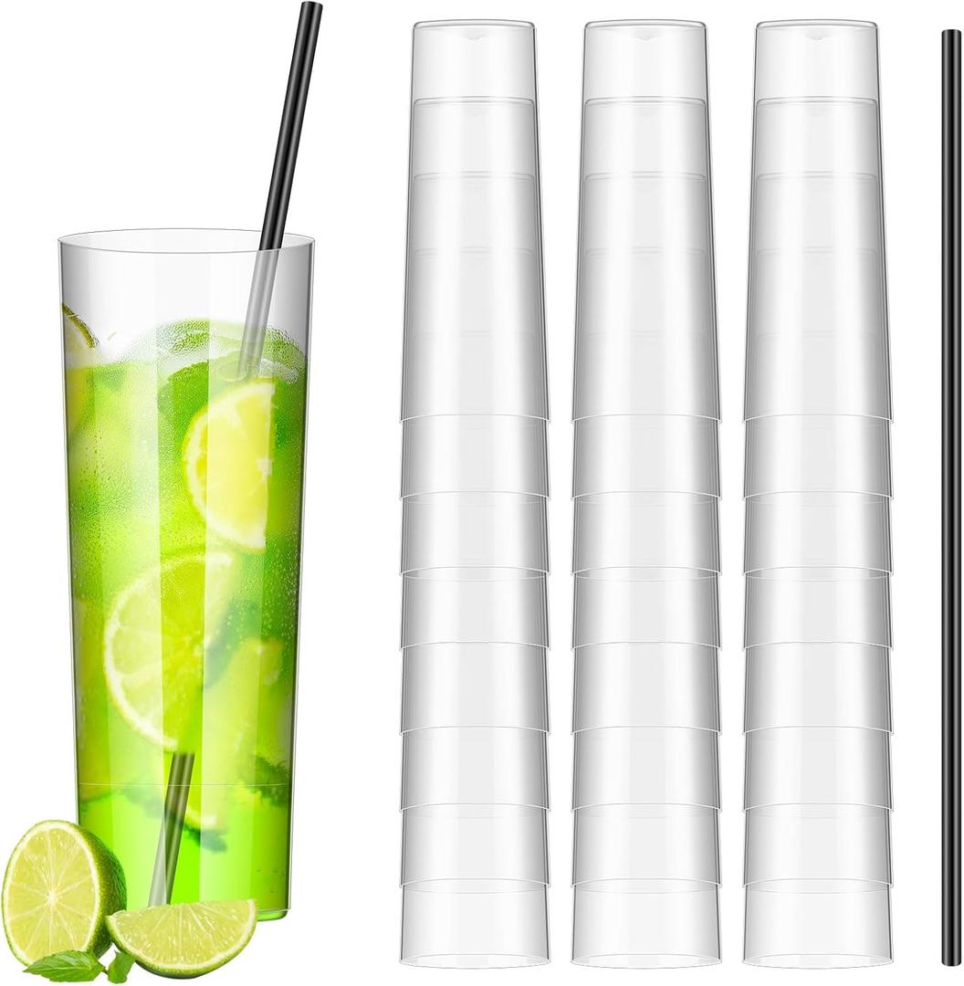 Plastic Highball Glasses with Straws(set of 48), 10 oz Shatterproof Drinking Cups, Tall Whiskey Collins Glass with Straw, Smoothie Tumbler Mojito Cocktail Cup for Wedding Spring Summer Party