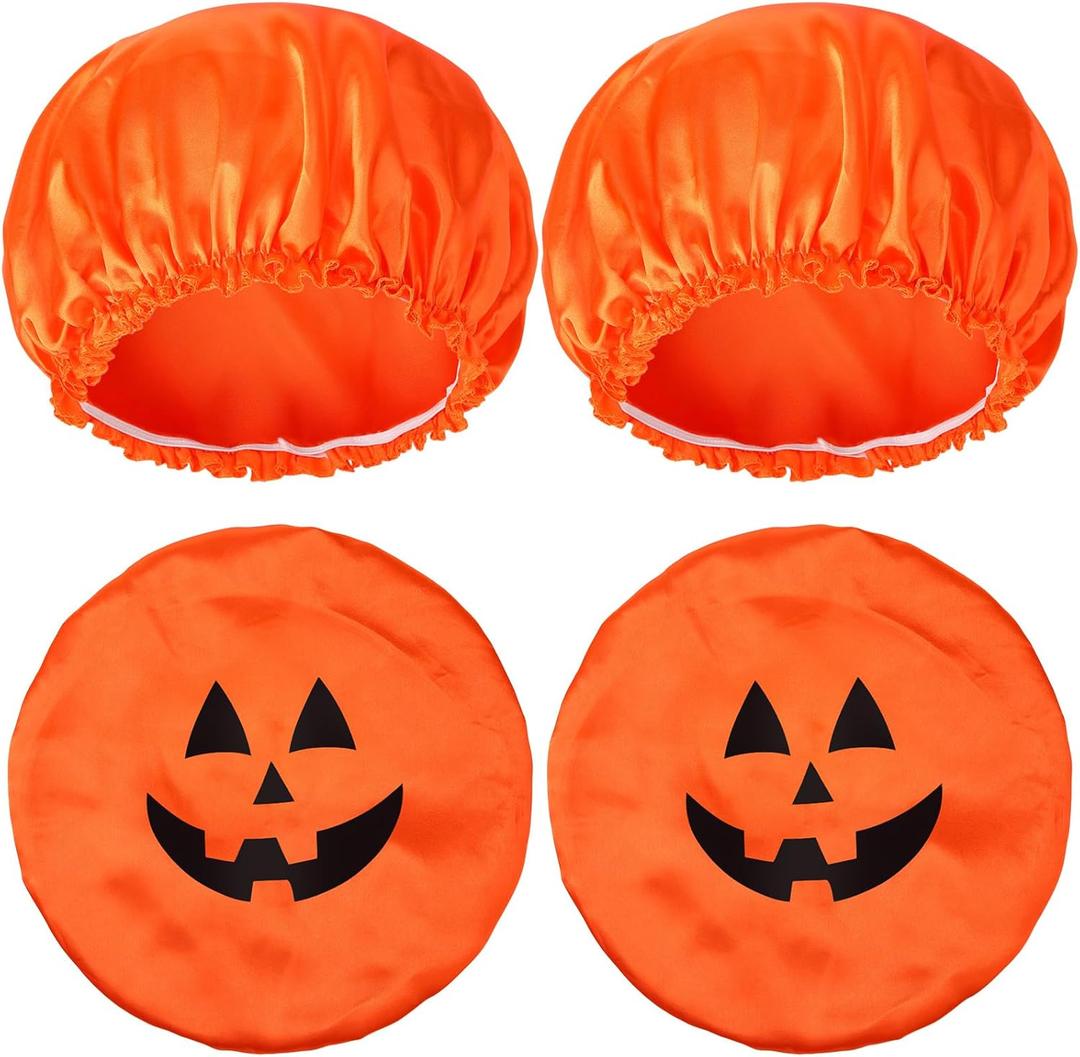 4 Pcs 11 Inch Halloween Bonnets for Sleeping Halloween Party Favors Basket Stuffers Fillers Goodie Bags Pumpkin Sleep Hat for Long Curly Hair Single Layer Scrub Cap Home Party Treat Bags Gifts