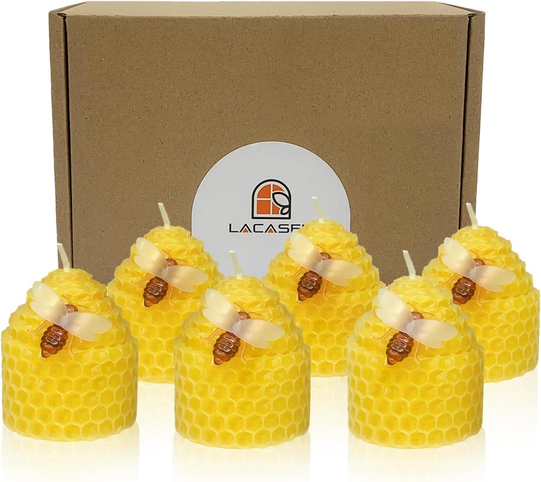 Beeswax Candles Set of 6pcs, Bee Candles with Little Bee Ornament Decors, Unscented & Dripless& Smokeless, Dia 1.77" x1.97" Each, Yellow
