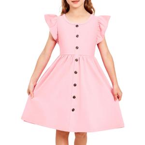 Arshiner Toddler Girls Dresses Flutter Sleeve Decorative Button Down A-line Sundress (5-6 Years, Pink)