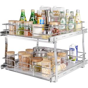 VEVOR 2 Tier 20"Wx21"Dx15"H Pull Out Cabinet Organizer, Heavy Duty Slide Out Pantry Shelves, Chrome-Plated Steel Roll Out Drawers, Sliding Drawer Storage, 21.5"Wx22"Dx18"H Install Size for Cabinet