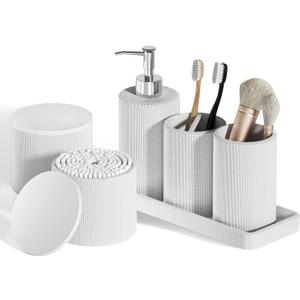 6-Piece White Bathroom Set - Mesh Textured Resin Bathroom Accessories Set with Soap Dispenser, Toothbrush Holder, Cup, Vanity Tray & Apothecary Jars for Small Spaces