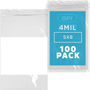 GPI - 5" x 8" - Bulk Pack of 100, 4 Mil Thick, Heavy Duty, Clear Plastic Reclosable Zip Bags, With Write-on White Block for Labeling, Strong & Durable Poly Baggies With Resealable Zipper Top Lock.