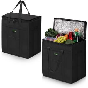 JUNGYOON 2-Pack Heavy-Duty Insulated Grocery Bags & Insulated Bag  Collapsible Cooler Bag with Zippered Top | Reusable Shopping Bags for Groceries, Picnics, Easy Storage(M Black)