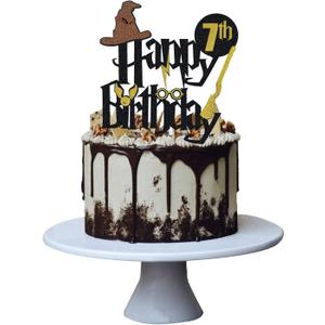 6 x Wizard 7th Cake Topper, Boy and Girl 7 Happy Birthday Party Decoration - Black (5th-50th)