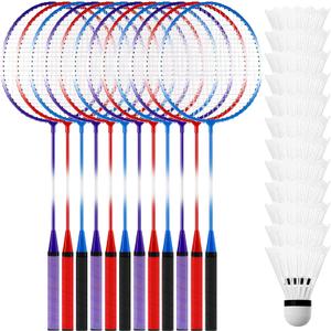 Meooeck 12 Pcs Badminton Rackets Set for Adults and Teenagers Badminton Set with 12 Pcs Nylon Shuttlecocks for Backyard Gym Beach Outdoor Games, Red, Purple and Blue, 26 x 8"