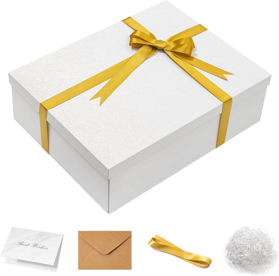 Mefleet 17x13x5 Inches Large Gift Box with Lid for Presents 1 Pack Big Deep White Gift Boxes for Christmas, Birthday, Valentine's Day,Mother's Day Presents - Contains Crinkle Paper,Ribbon and Card