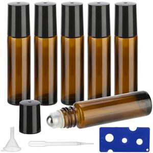 GIVITASOT 10ML Essential Oil Roller Bottles, 6 Pack Amber Oil Roller Bottles for Essential Oils, Roll on Bottle with Stainless Steel Balls(6 Labels, Opener, Funnel, Dropper Included)