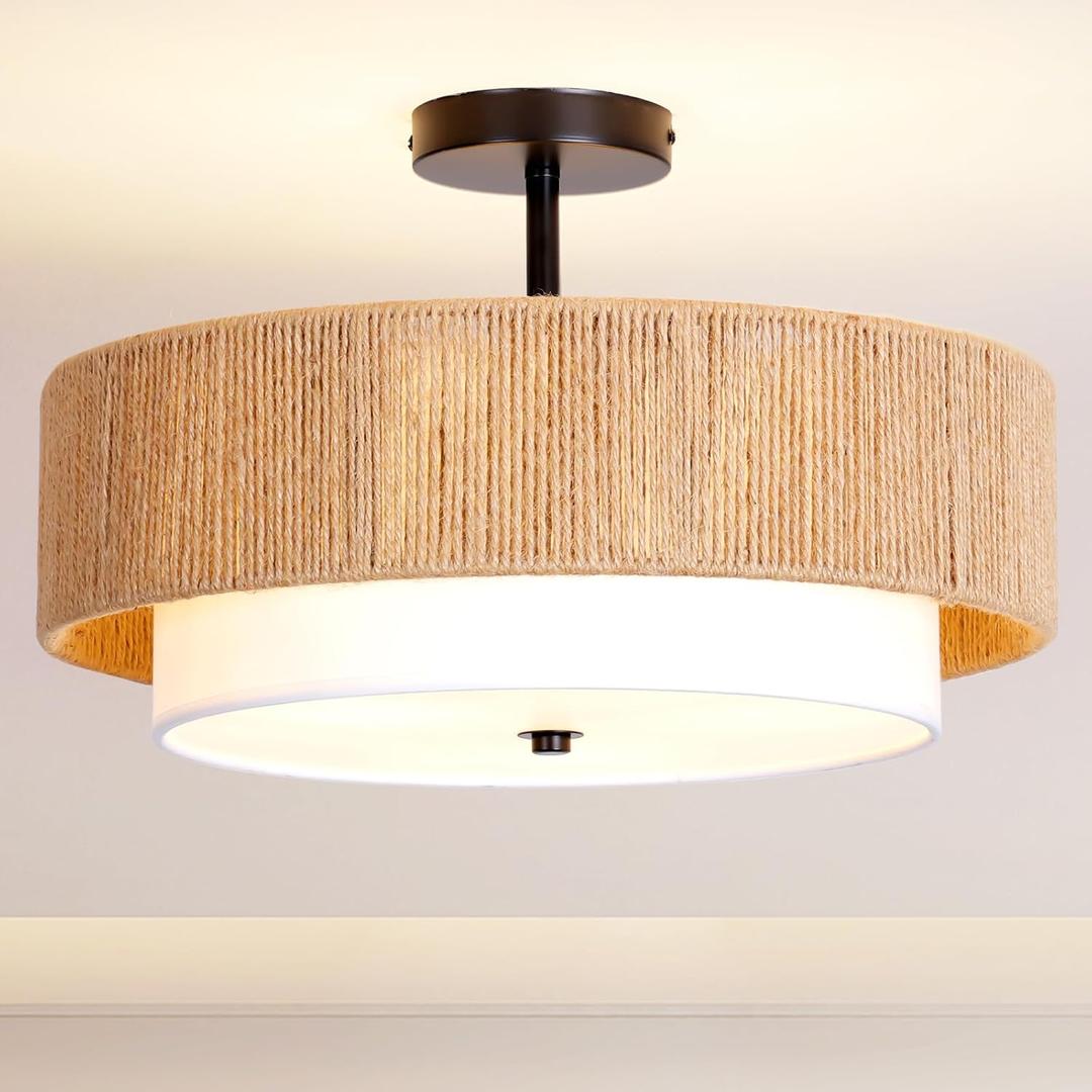 Boho Rattan semi Flush Mount Ceiling Light,for Bedroom
Lornwick 18 Inch Bohemian woven Hemp Rope light fixture, for Dining Room/Living Room/Kitchen/ Entryway