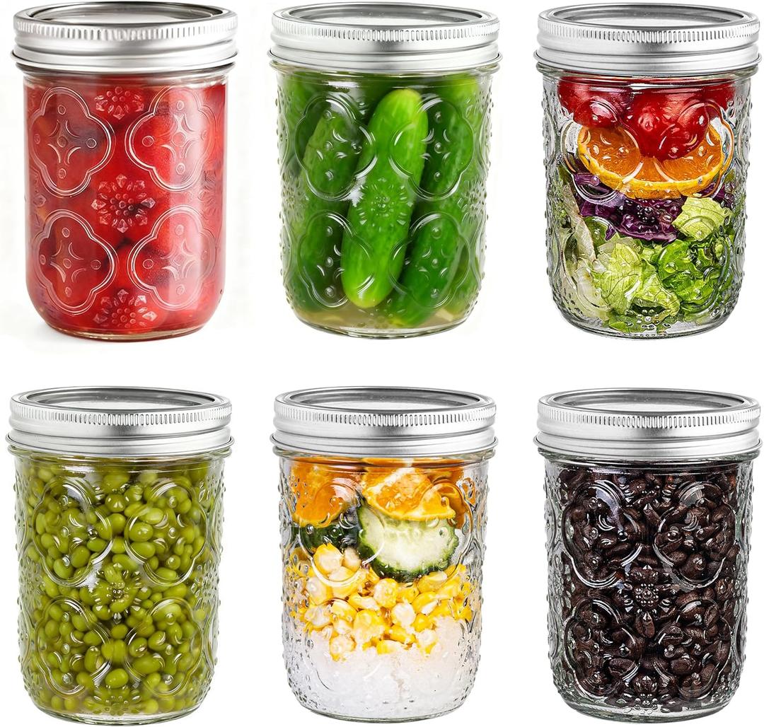 Mason Jars 16oz with Lids-6 Pack Wide Mouth Glass Mason Jar Vintage Glass Canning Jars with Metal Lids for Canning, Pickling, Food Storage