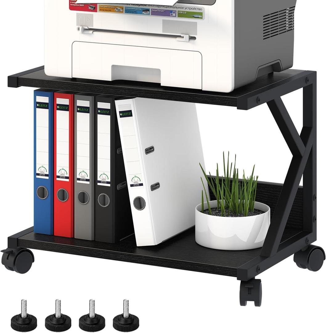 aboxoo Desktop Printer Stand with 2 Tier Wood Storage Shelves,Under Desk Printer Table,Multi-Purpose Home Office Desk Organizer for Fax Machine, Scanner (Black)