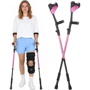 Ergonomic Forearm Crutches Spring Assist Arm Crutches Forearm for Adults,Comfortable Grip,Adjustable Height Elbow Crutches with Cuffs Walking Crutches for Women and Men (Pink)