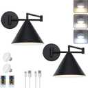 Black Swing Arm Battery Operated Wall Sconces Set of 2,Rechargeable Wireless Dimmable 3 Color Wall Light with Remote,Cone Indoor Light Fixture for Bedside,Kitchen,Hallway,Living Room,Reading