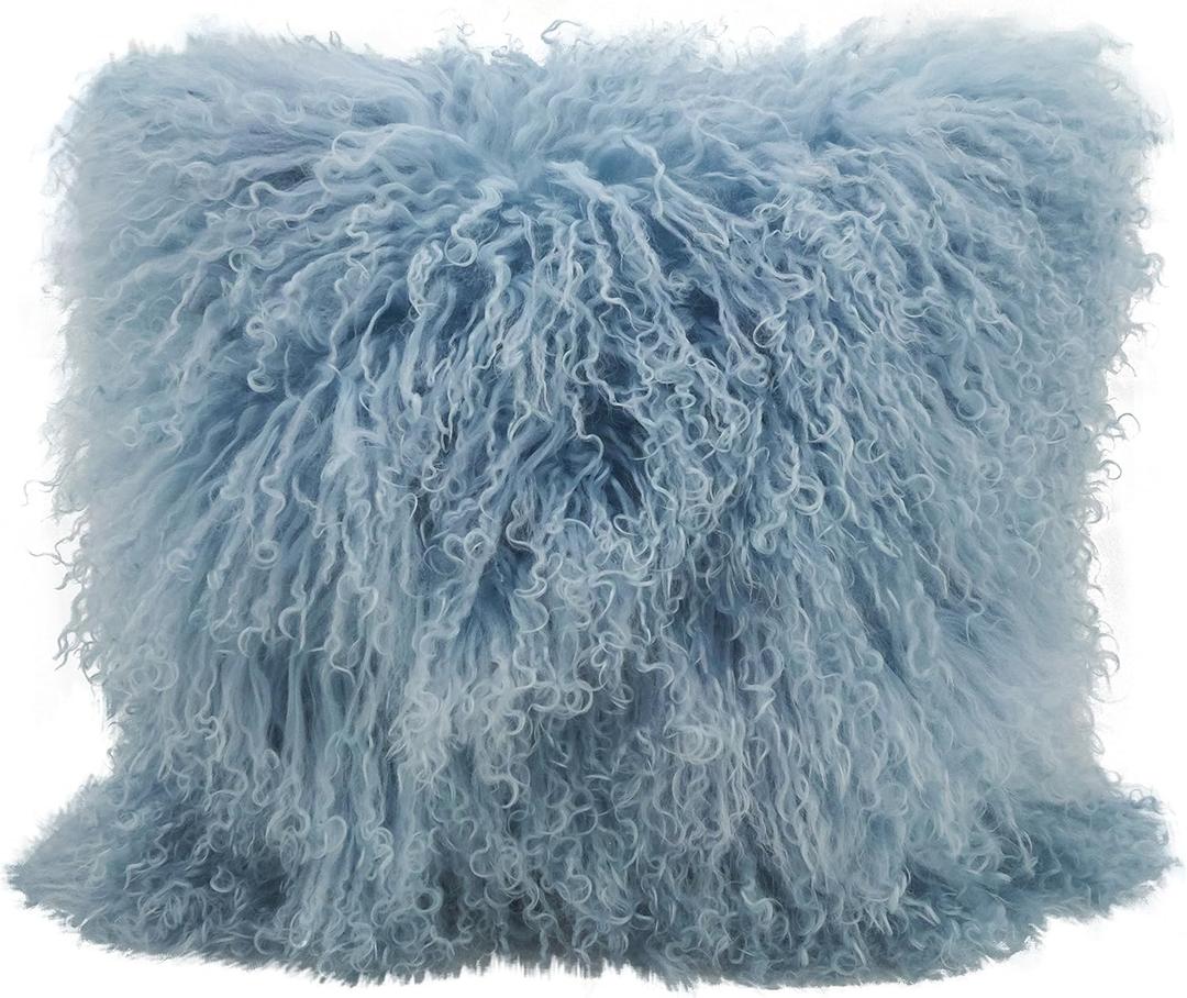 SARO LIFESTYLE Mongolian Lamb Fur Poly Filled Throw Pillow (16"x16", Ice Blue)
