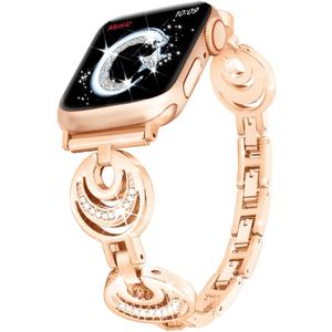 Ygtiecs Compatible with Apple Watch Band Series 7 41mm 40mm 38mm, Easy Adjustable Bracelet for Women, Bling Shiny Diamond on Moon, Dressy Replacement for Series 7 6 5 4 3 2 1 SE -iWatch Band Rose Gold