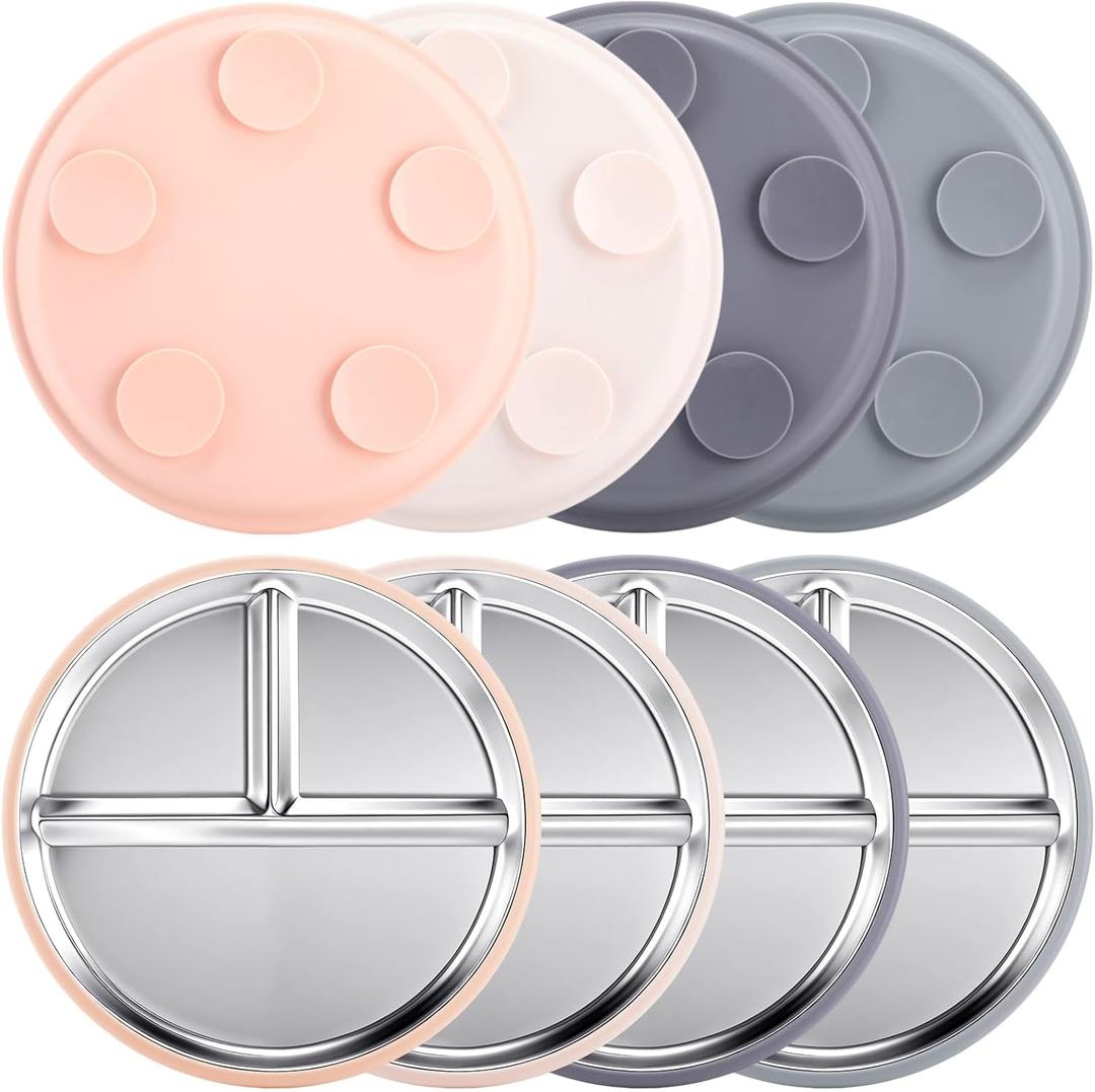 Honeydak 4 Pcs Stainless Steel Baby Plate with Silicone Suction, 9" Divided Toddler Plates with Removable Silicone Sleeves for Kids, Non-toxic Non-slip Unbreakable Dishwasher Safe Dinnerware (Pastel)