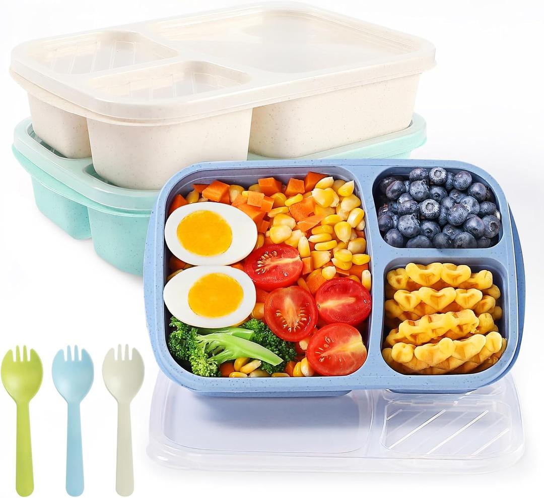 Bento Box Adult Lunch Box - 3 Pack, 3-Compartment Leak-Proof Bento Boxes Ideal Portion Sizes for Kids , Reusable Food Storage Snack Containers, Microwave and Dishwasher Safe & Food-Safe Materials (Blue)