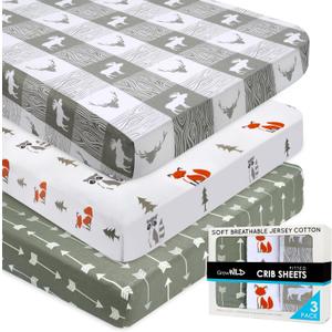 Fitted Unisex Crib Sheets (3 Pack) by GROW WILD - Jersey Knit Cotton Crib Sheets for Boys or Girls, 52 x 28 x 9 Crib Bedding Set (Forest Fun) Fitted Unisex Crib Sheets (3 Pack) by GROW WILD - Jersey Knit Cotton Crib Sheets for Boys or Girls, 52 x 28 x 9 Crib Bedding Set (Forest Fun)