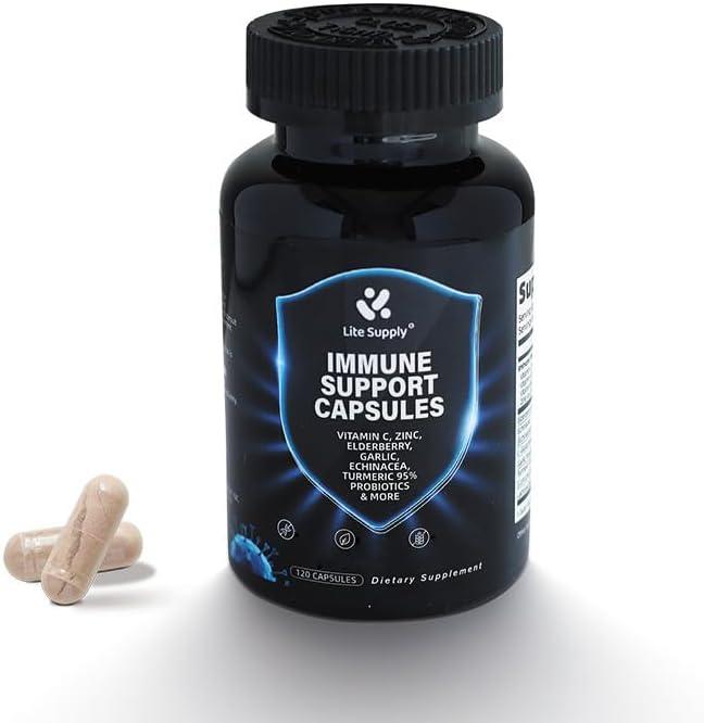 Immune Support Capsules, 10-in-1 Powerful Blend of Vitamin C, E, B6, Zinc, Elderberries, Garlic Bulb, Echinacea, Turmeric Advanced, Immune Defense for Adults, ED 10/2026