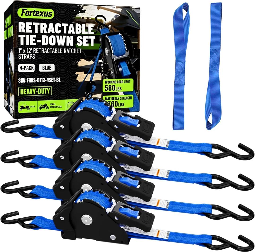 Retractable Ratchet Straps, 4-Pack, 1 Inch x 12 Feet, 1,760lb Break Strength, Self Retracting Tie Down for Truck, Cargo Trailer, Motorcycle, ATV, UTV (Blue, 4pack)