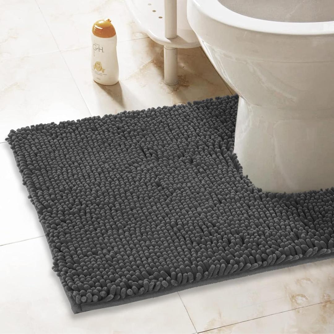 ITSOFT 24"x21" U-Shaped Non-Slip Shaggy Chenille Toilet Contour Bathroom Rug with Water Absorbent, Charcoal Gray