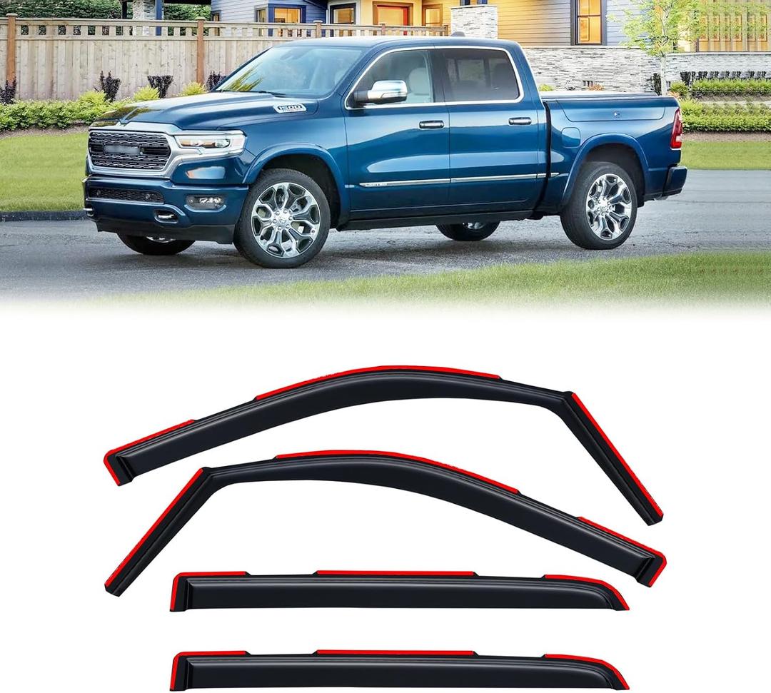 3 x in-Channel Rain Guards for 2019-2026 Dodge RAM 1500 Crew Cab New Body Style, Window Visor Shields Vent Deflector Shade Wind Dark Smoke 2020 2021 2022 2023 2024 2025, Tape-On Inside-Mount, 4PCS