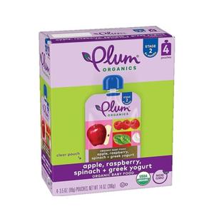 Plum Organics Baby Food 6+ Months Apple Raspberry Spinach + Greek Yogurt -- 4 Pouches, BBD: OCT 3, 2025