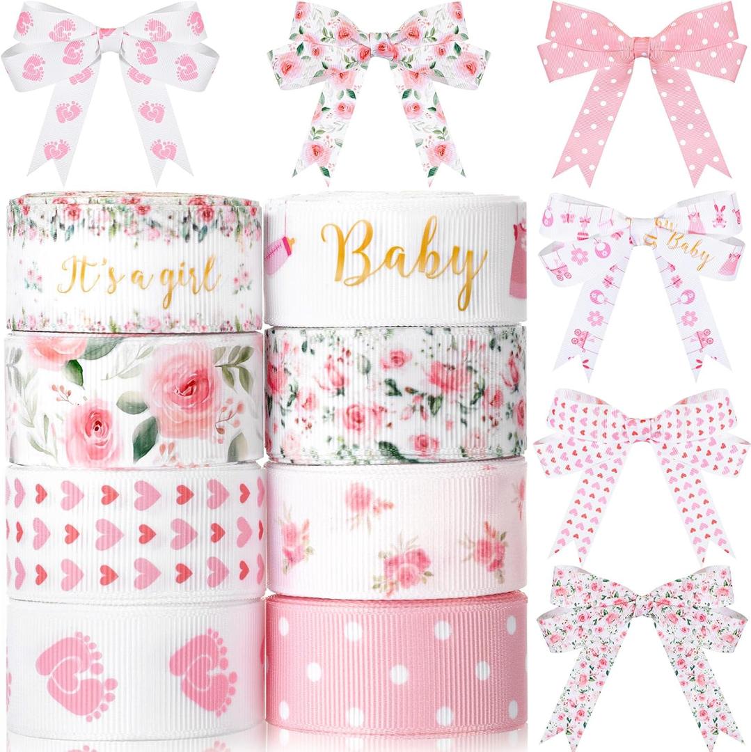 Kosiz 8 Rolls Pink Baby Shower Ribbon 7/8 Inch It's a Girl Ribbon Rose Flower Print Grosgrain Ribbons for Diaper Cake Gift Wrapping Wreath Bow DIY Craft Gender Revel Party Decor, 40 Yard Total