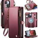 Defencase for iPhone 15 Plus Magnetic Wallet Case Compatible with Magsafe with RFID Blocking Zipper Strap Card Holder for Women Men, PU Leather Detachable Case for iPhone 15 Plus (6.7 inch), Wine Red