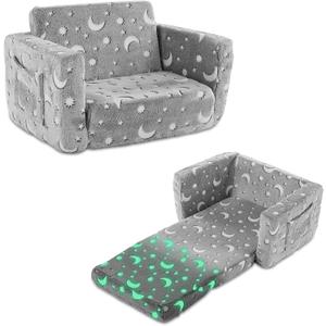 Karl home Comfy 2-in-1 Toddler Chair and Couch, Convertible Plush Fold Out Sofa to Lounger for Kids, Flip Open Sleeper for Playroom, Glowing Grey Night Sky