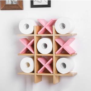 Weysat Tic Tac Toe Toilet Paper Holder Stand Bathroom Wall Decor Rustic Wooden Hanging Storage Freestanding Wall Mounted Shelves Decor for Toilet Tissue Farmhouse(Wood Color, Pink)