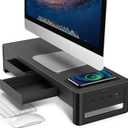 meatanty 3 In 1 Monitor Stand Riser with 2 Drawers,1 Wireless Charging Module and 4 USB Ports,Metal Computer Stand Support Transfer Data & Charging,Desk Organizer for PC,iMac (21 inches)