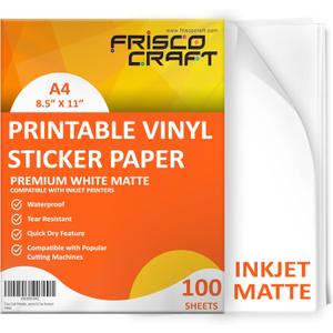 Frisco Craft Premium Printable Vinyl Sticker Paper for Inkjet Printers - Matte, 8.5" x 11" (A4) - Water-Resistant, Durable, Easy-Peel Sheets for Custom Labels, Decals, & Stickers (100 Sheets)