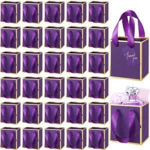 Yeaqee 50 Pcs Mini Metallic Paper Gift Bags with Handles 4x2.75x4.5'' Tiny Small Gift Bags with Thank You Tag for Valentine Wedding Birthday Welcome Return Gifts Small Business(Dark Purple, Gold)