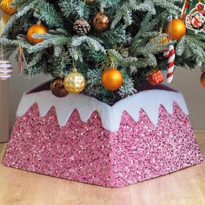 Christmas Tree Collar, 24 Inch Xmas Tree Ring Fabric Square Skirt for Artificial Trees, Snow Cover and Sequin Christmastree Box Collar,Holiday Christmas Home Decor for Decorations (HOT Pink)
