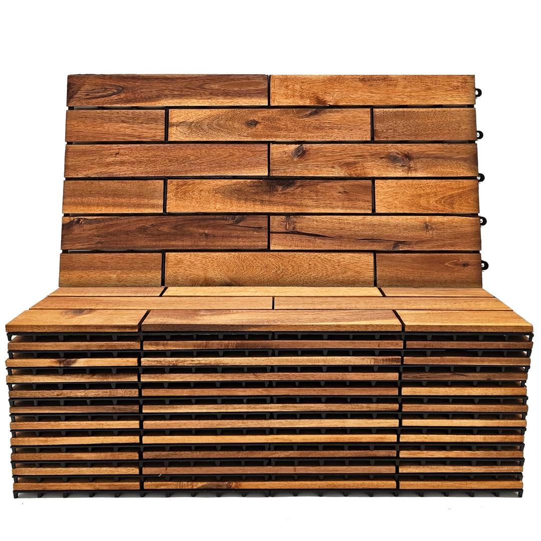 Interlocking Deck Tiles 24 x 12 Long Boards - Acacia Hardwood Outdoor Flooring for Patio, Balcony - Snap Together Wood Floor Decking Tile, Waterproof - 24 Sq Ft (2 Pack, 12 Pieces) (Brown)