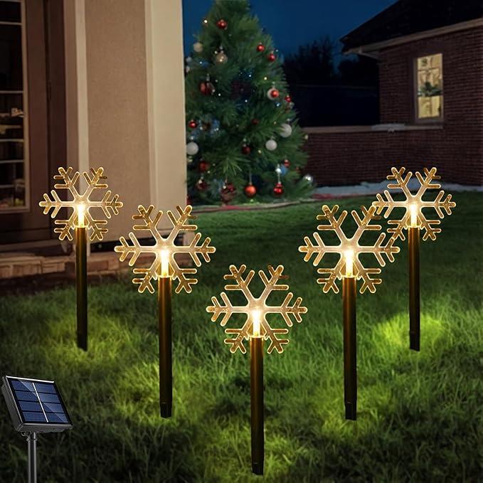 Solar Christmas Pathway Lights, 5 Pack Solar Christmas Decor Star Lights Outdoor Waterproof Stake Lights Garden Decorative Lights Walkway Lights for Landscape Yard Lawn Patio Wedding Party(Warm White)