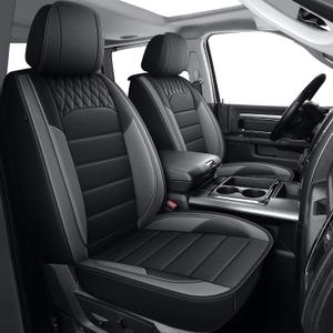 IKABEVEM Dodge Ram Seat Covers Full Set, Faux Leather Custom Fit 2012-2026 Ram 1500 2500 3500 Truck, Curved Bench Seat Cushion Cover Protector, Black&Grey