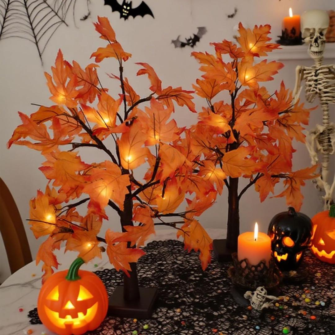 Fall Lighted Maple Tree Decorations 2Pack, 2ft Tall Tree with 48Leds - Battery Or USB Powered Indoor Outdoor DIY Autumn Artificial Trees Fall Decorfor Home Wedding Party Gifts Thanksgiving